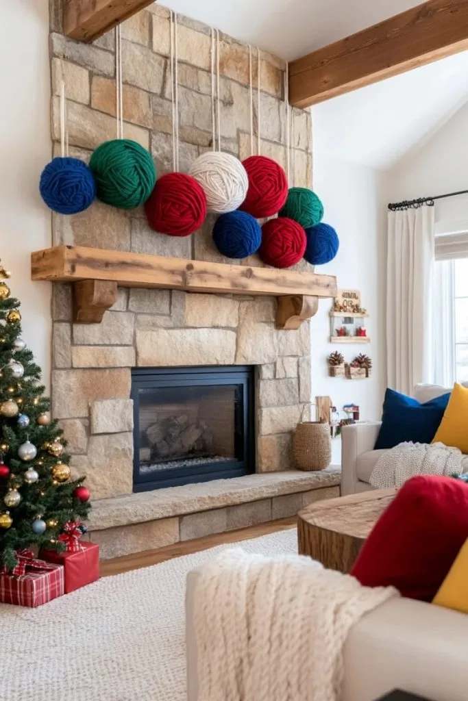 Giant ornament wall hanging using yarn wrapped bal 11