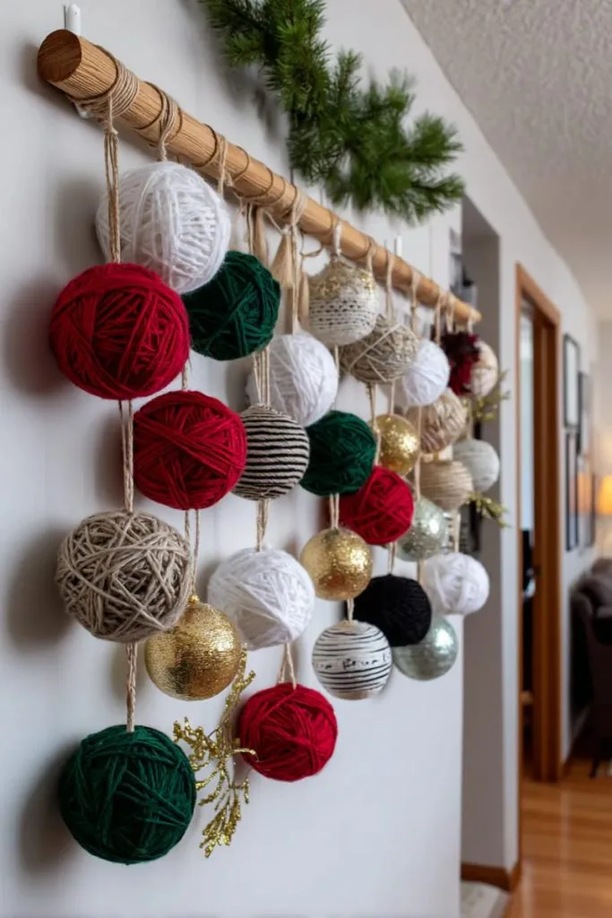 Giant ornament wall hanging using yarn wrapped bal 12