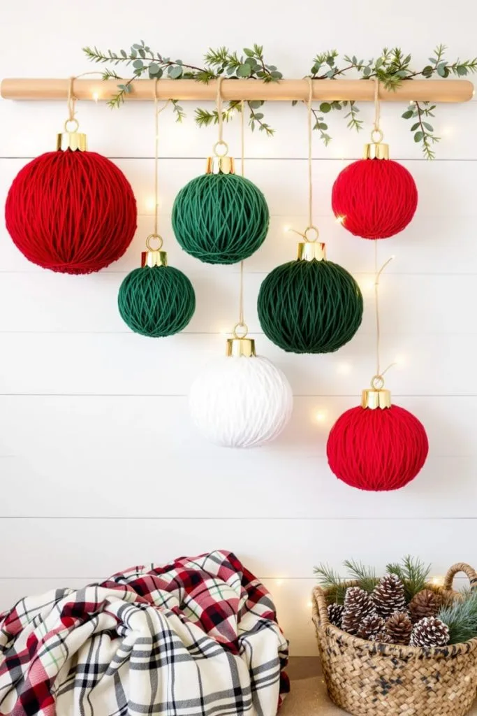 Giant ornament wall hanging using yarn wrapped bal 13