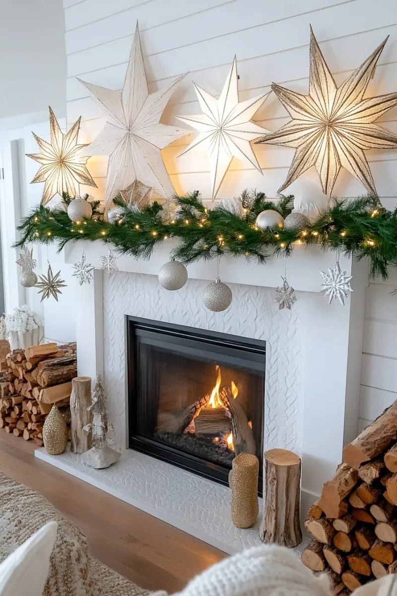 giant paper stars above the mantle with fairy lights woven through 1