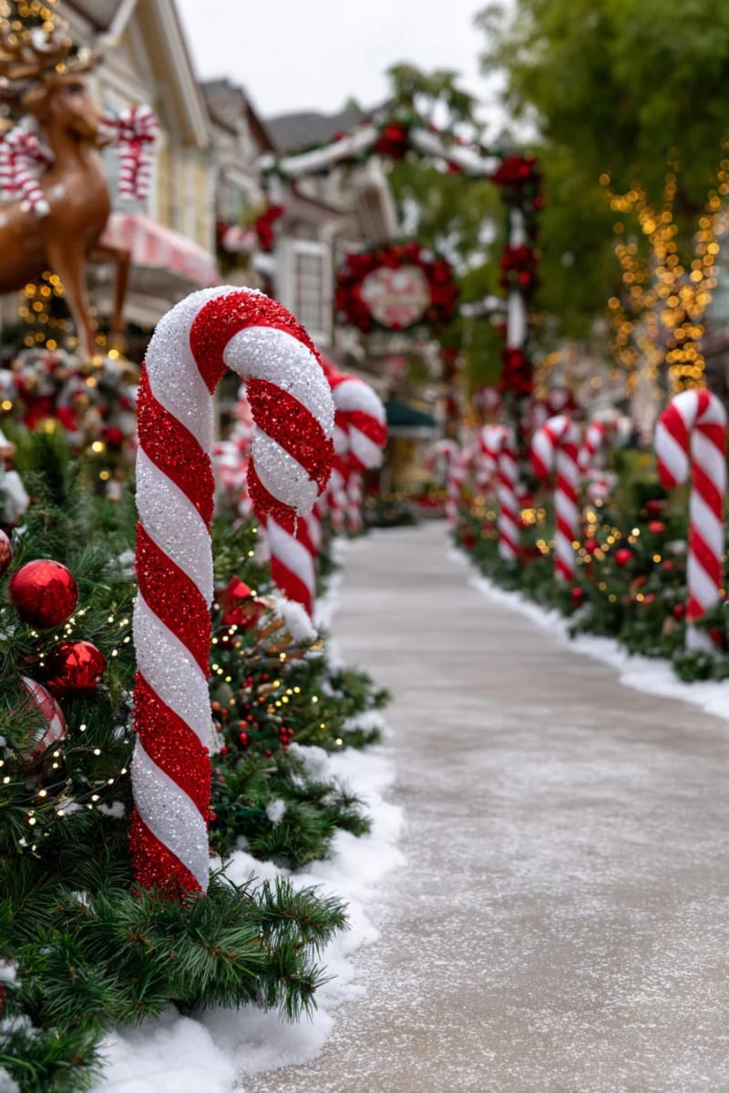 giant peppermint candy canes lining the walkway with frosty glitter coating 1