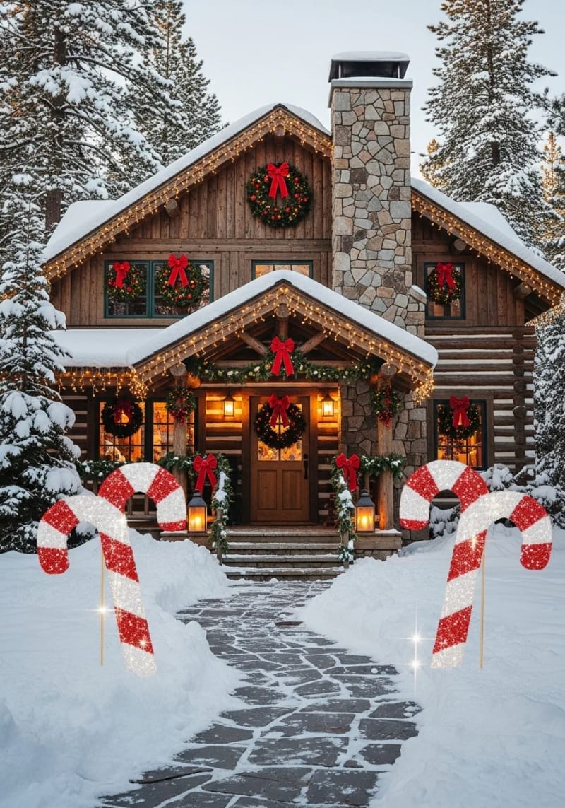 giant peppermint candy canes lining the walkway with frosty glitter coating 1