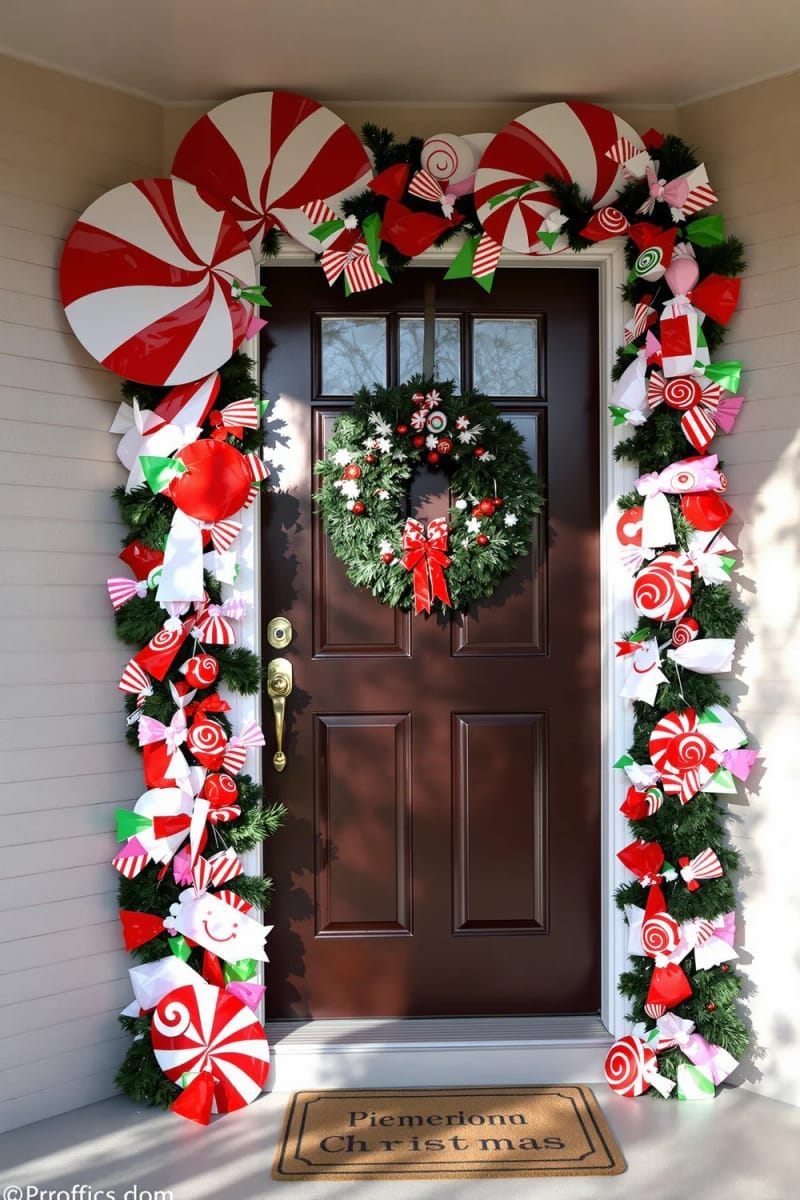 29 Festive Christmas Door Decor Ideas for a Magical Entry 69 giant peppermint swirl cutouts and candy garland for a sweet entrance 1