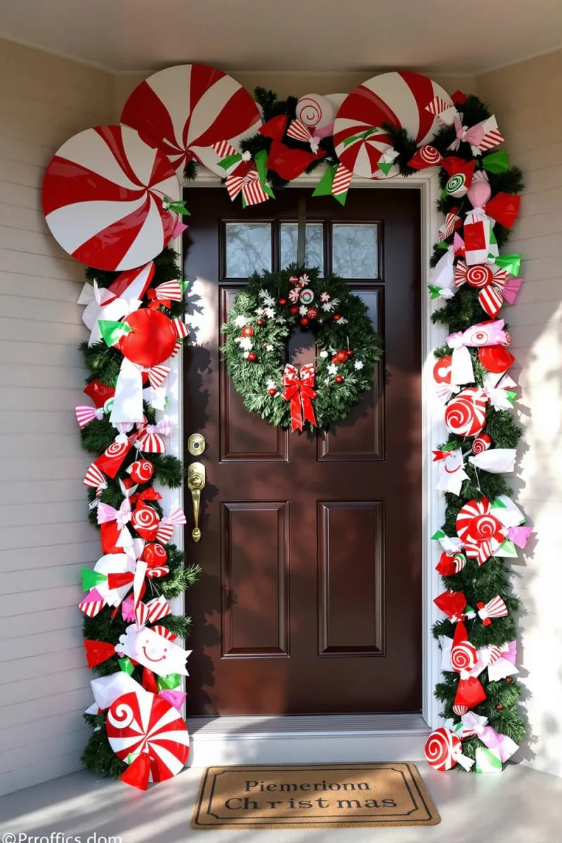 giant peppermint swirl cutouts and candy garland for a sweet entrance 1