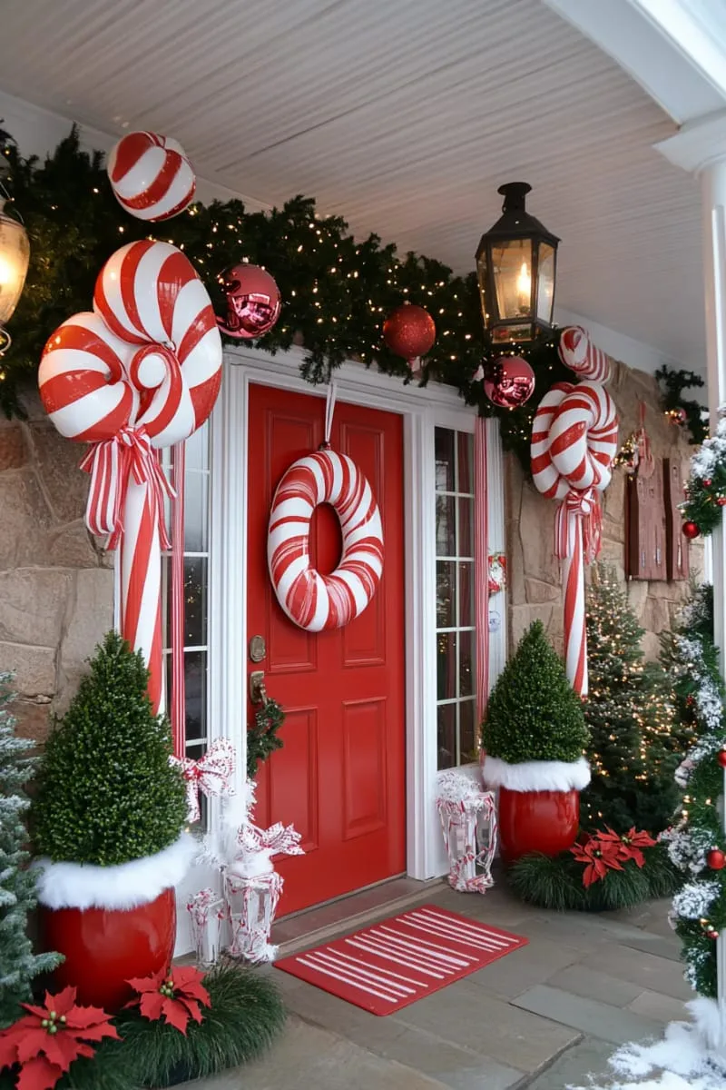 giant peppermint swirl cutouts and candy garland for a sweet entrance 1