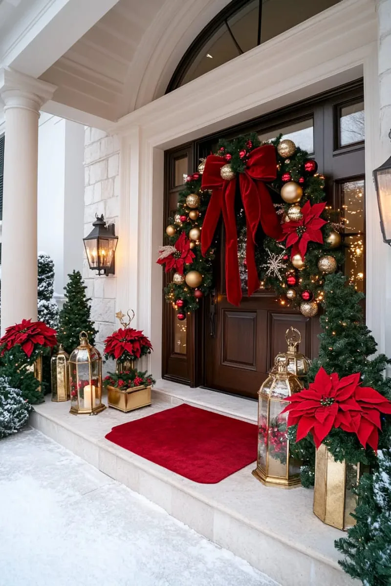giant red velvet bows paired with shimmering gold bauble garlands around the doorway 1