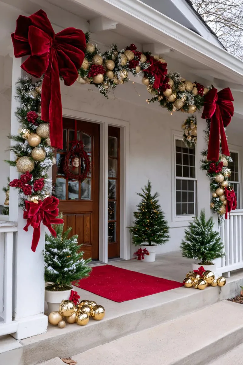 giant red velvet bows paired with shimmering gold bauble garlands around the doorway 1