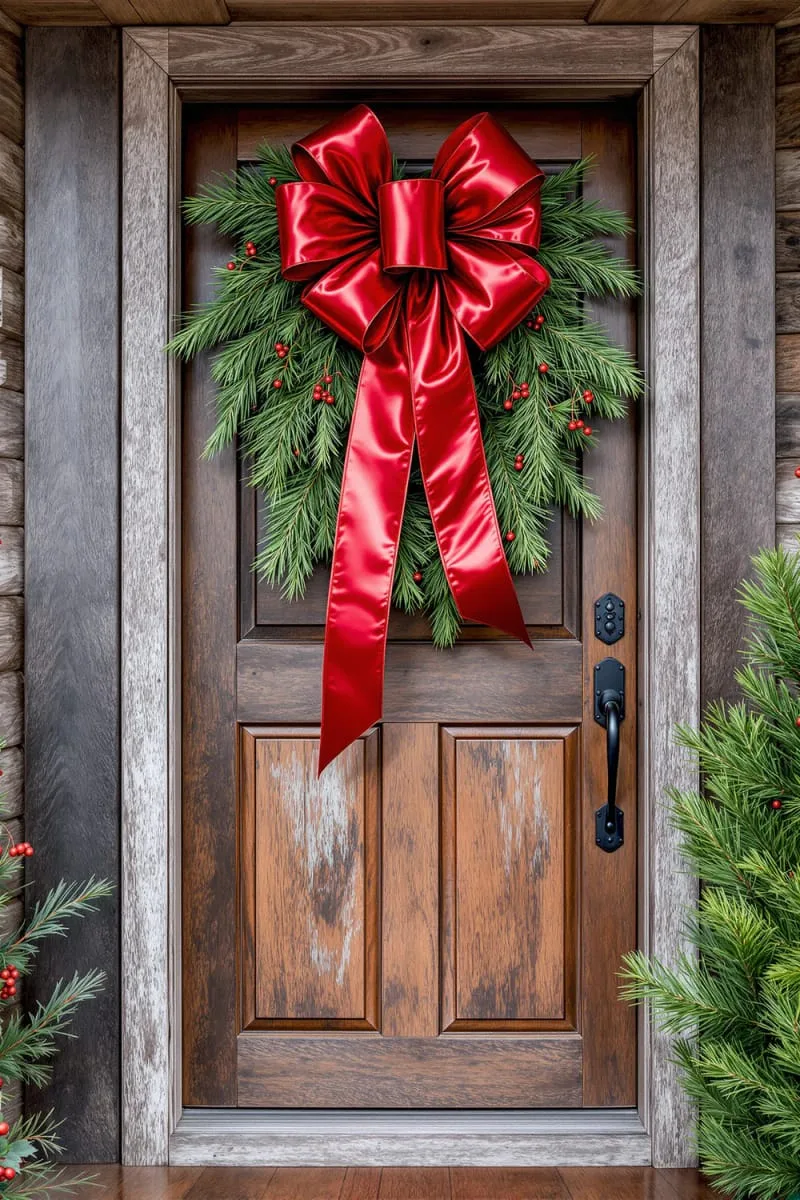 giant ribbon bow with greenery on stair banisters or front doors 1