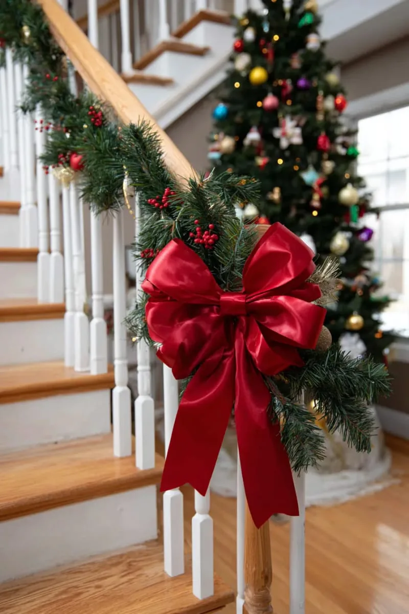 giant ribbon bow with greenery on stair banisters or front doors 1