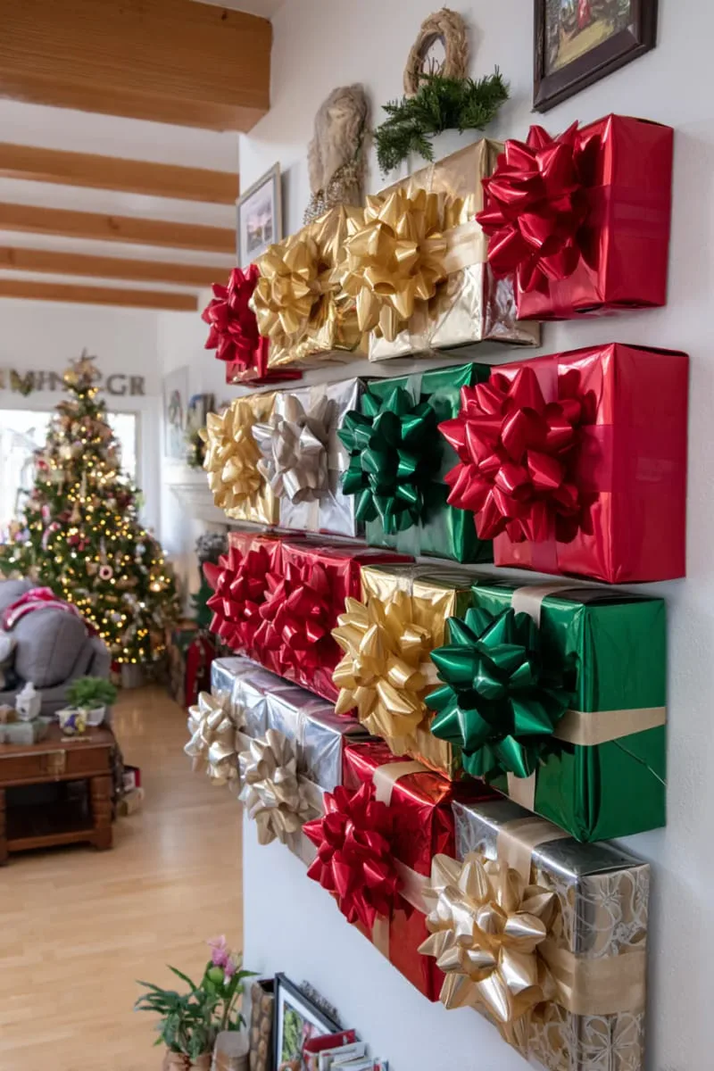 gift box wall installation with bows for a festive statement piece 1