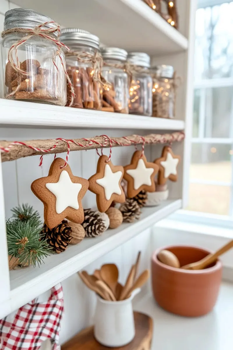 29 Best Christmas Decorations Trends You Can't Miss This Year 108 gingerbread cookie garland draped along the kitchen shelves 1