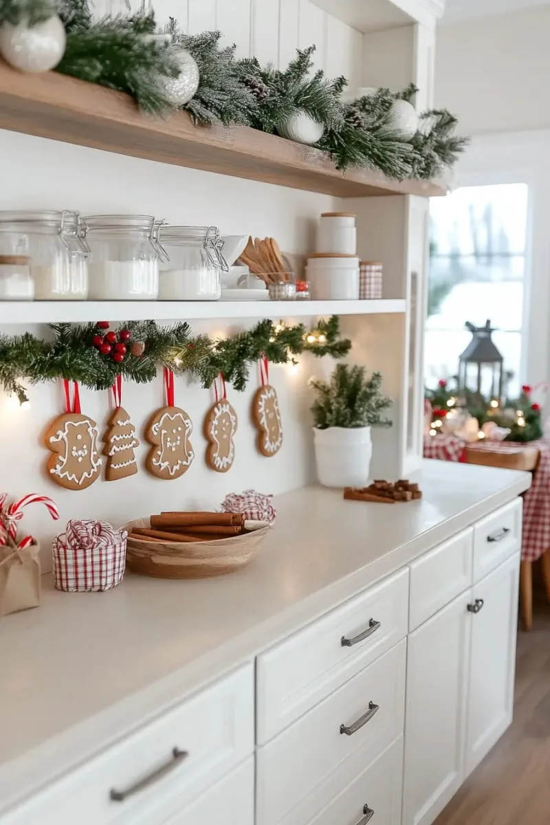 29 Best Christmas Decorations Trends You Can't Miss This Year 109 gingerbread cookie garland draped along the kitchen shelves 1
