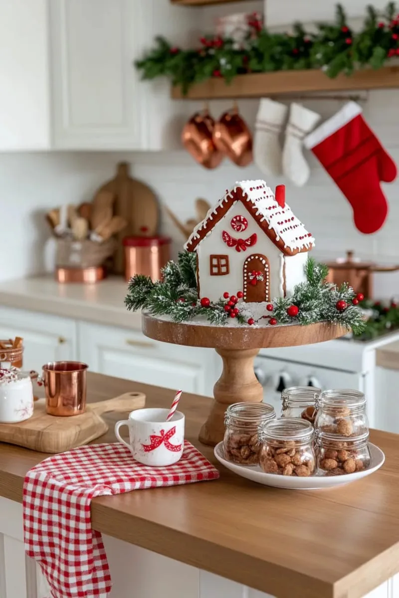 29 Creative Christmas Kitchen Decor Ideas You'll Absolutely Love 11 gingerbread house display on a rustic wooden cake stand 1