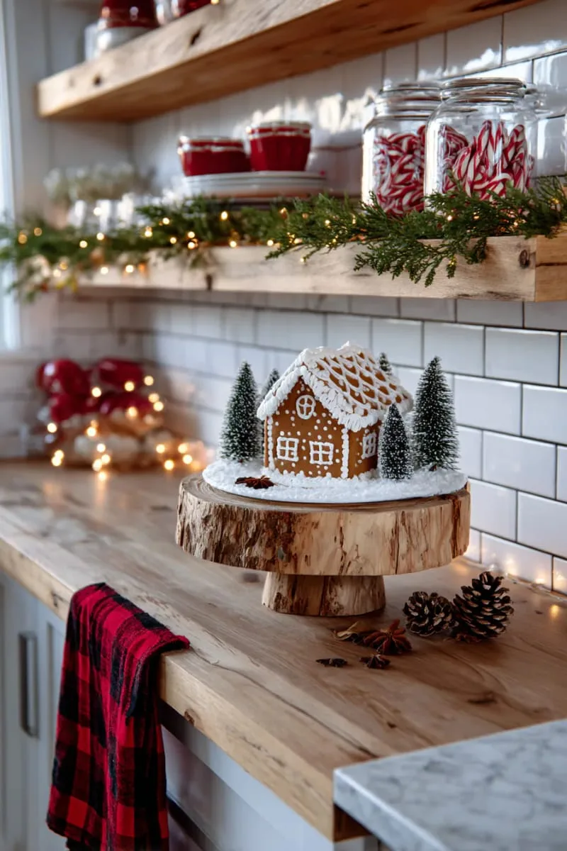 29 Creative Christmas Kitchen Decor Ideas You'll Absolutely Love 9 gingerbread house display on a rustic wooden cake stand 1
