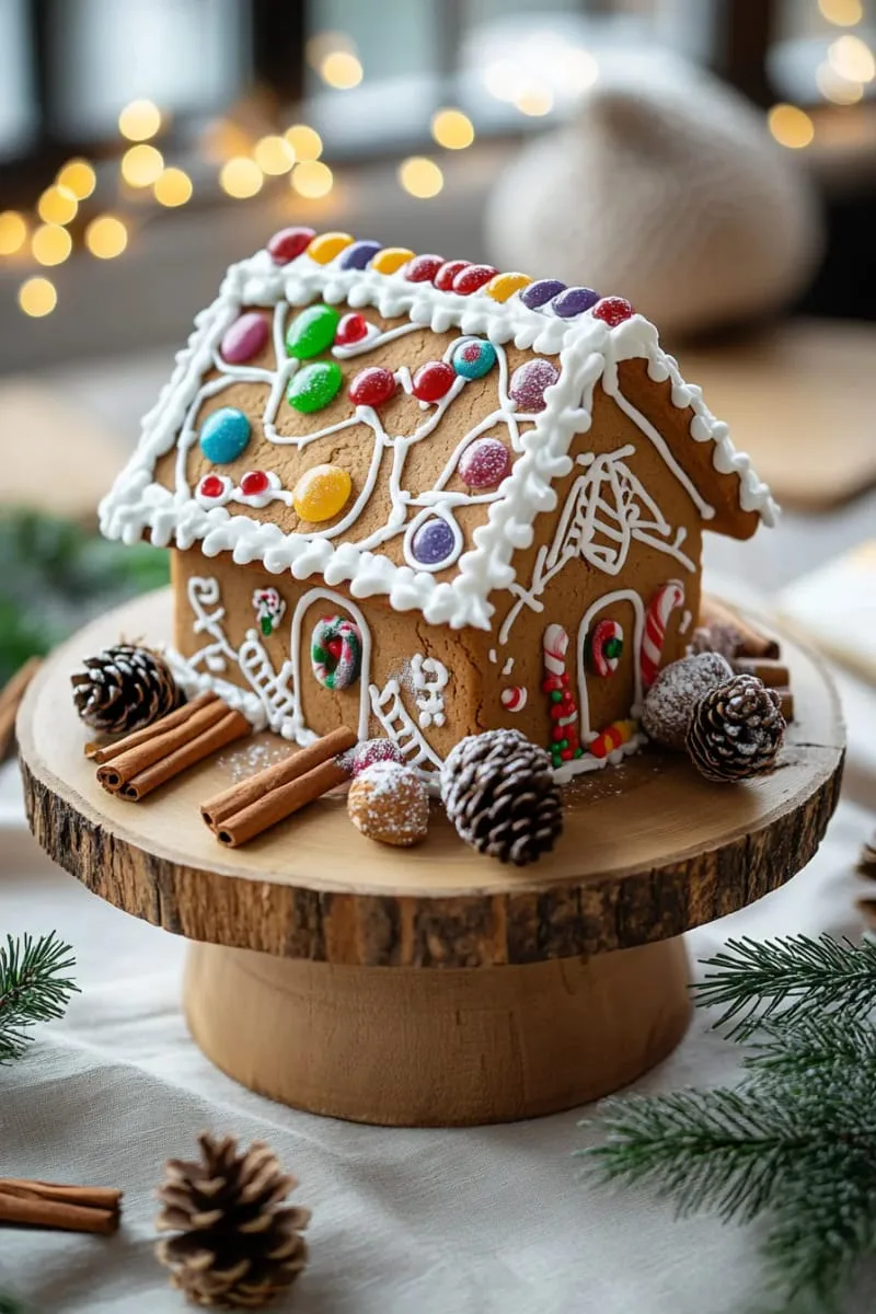 29 Creative Christmas Kitchen Decor Ideas You'll Absolutely Love 10 gingerbread house display on a rustic wooden cake stand 1