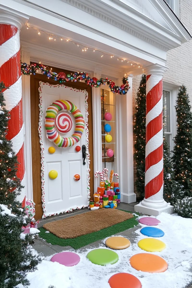 29 Festive Christmas Door Decor Ideas for a Magical Entry 8 gingerbread house door with faux icing, candy accents, and a gumdrop path 1