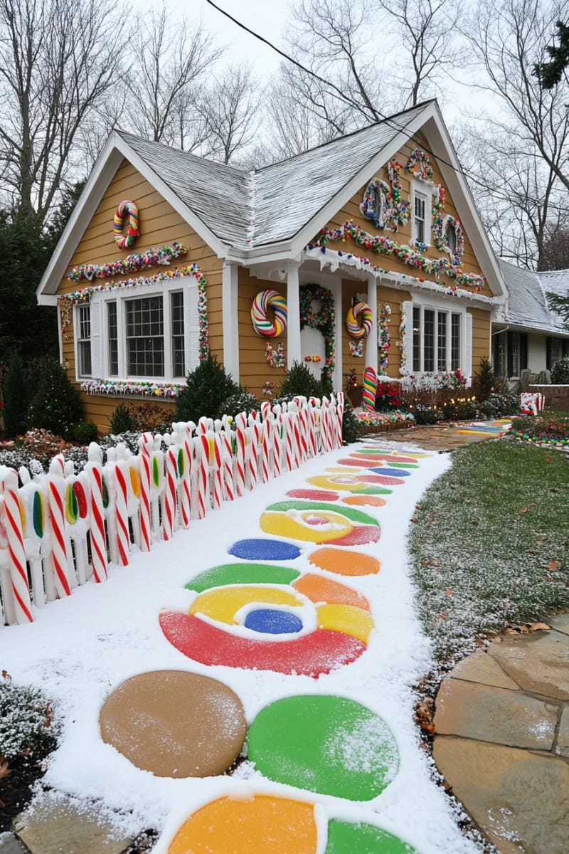gingerbread house façade with candy cane fence and oversized lollipop accents 1