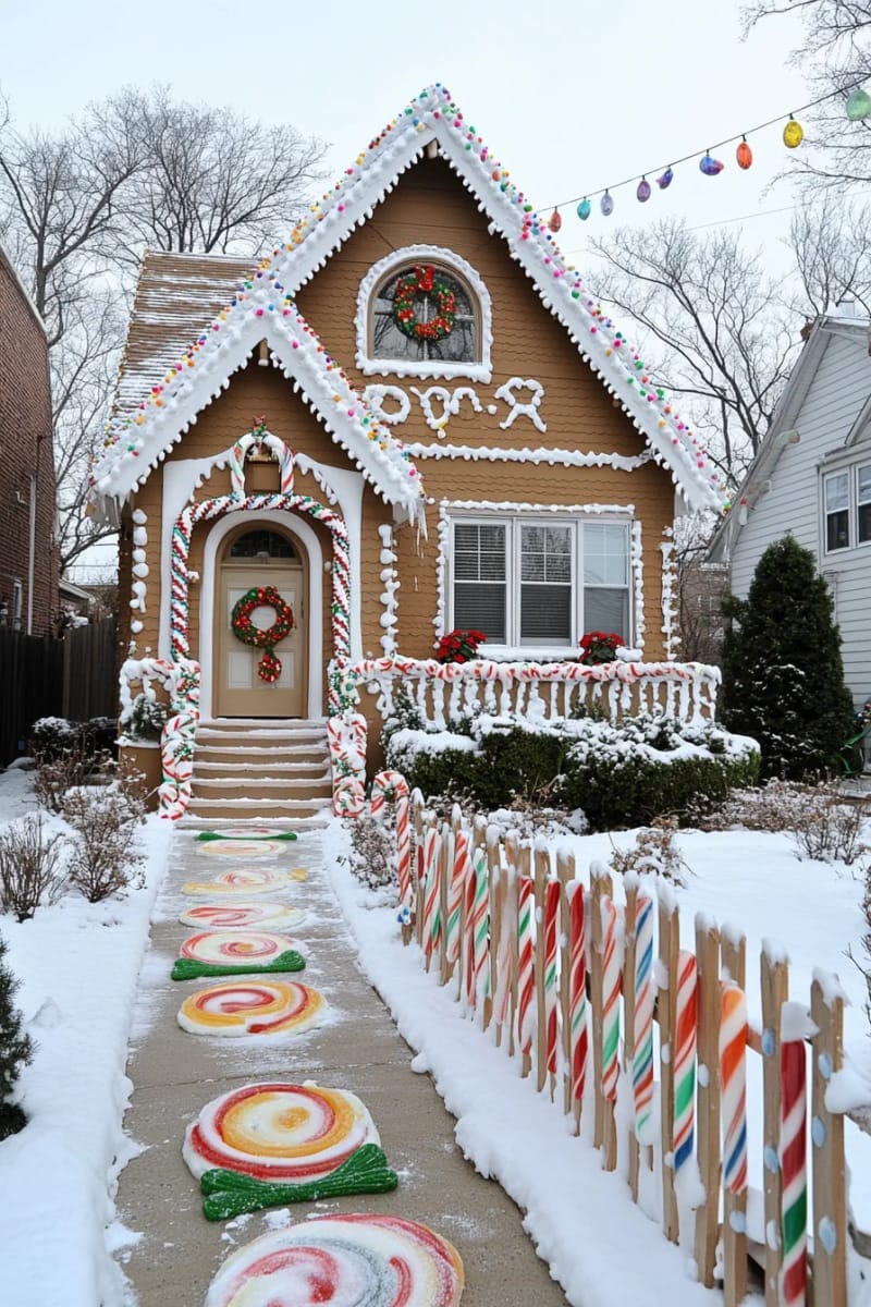 gingerbread house façade with candy cane fence and oversized lollipop accents 1