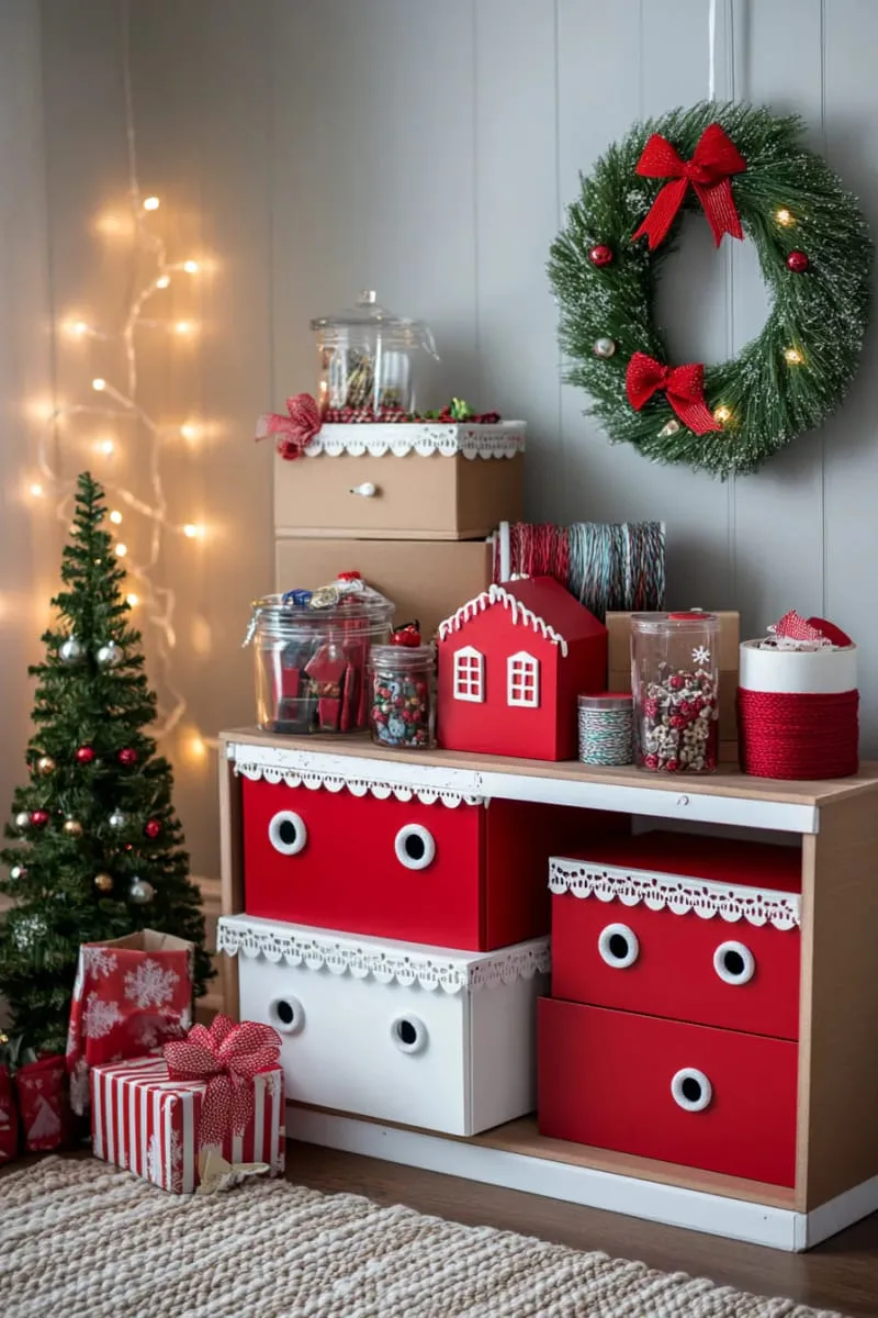 gingerbread house-inspired storage boxes for organizing craft supplies 1