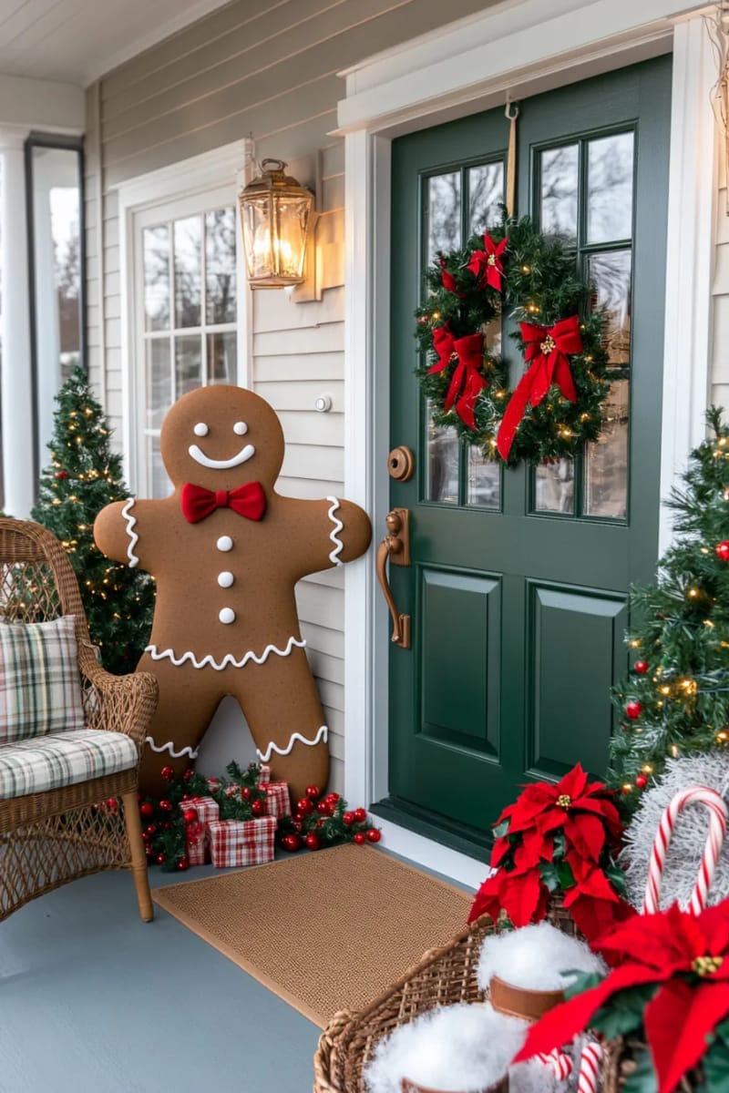 29 Festive Christmas Door Decor Ideas for a Magical Entry 32 gingerbread man cutout with candy cane border and faux icing details 1
