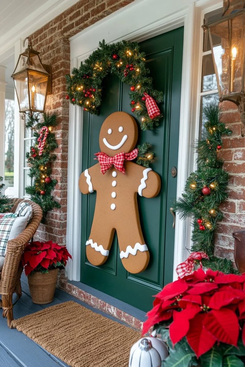 29 Festive Christmas Door Decor Ideas for a Magical Entry 33 gingerbread man cutout with candy cane border and faux icing details 1