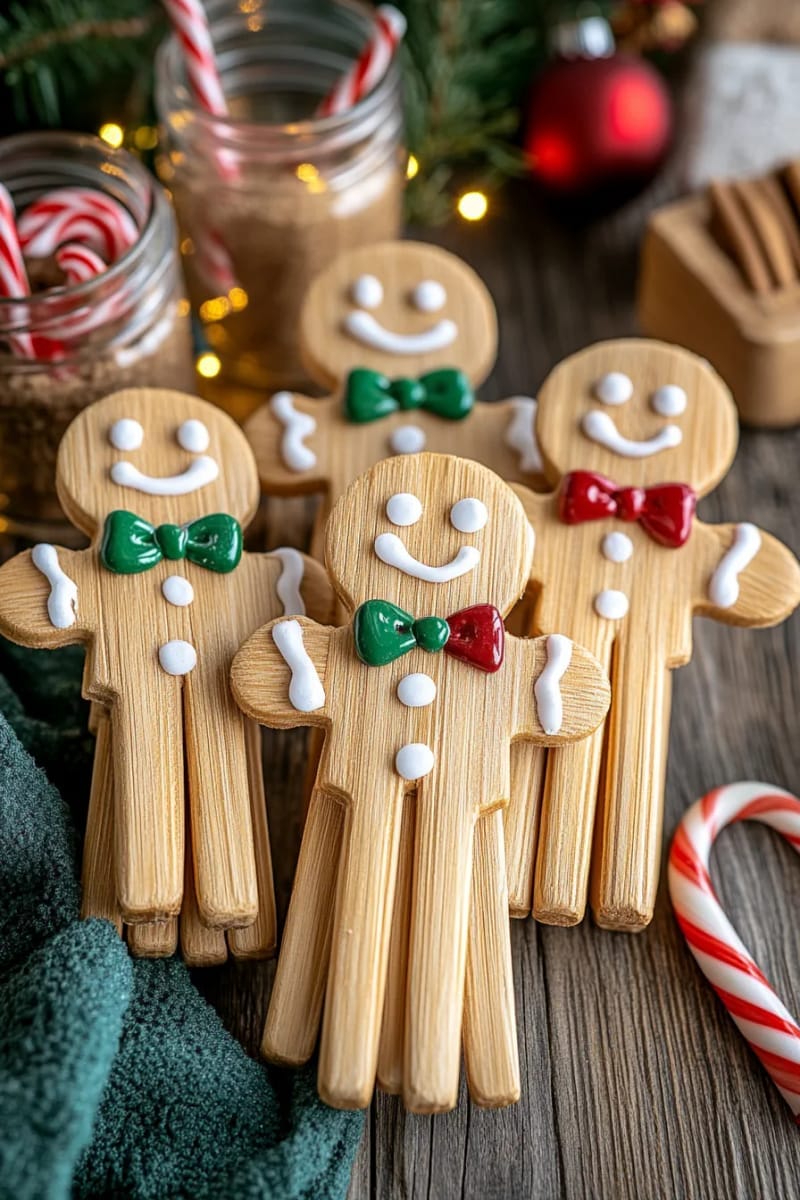 gingerbread man popsicle stick characters with smiling faces and tiny bows 1