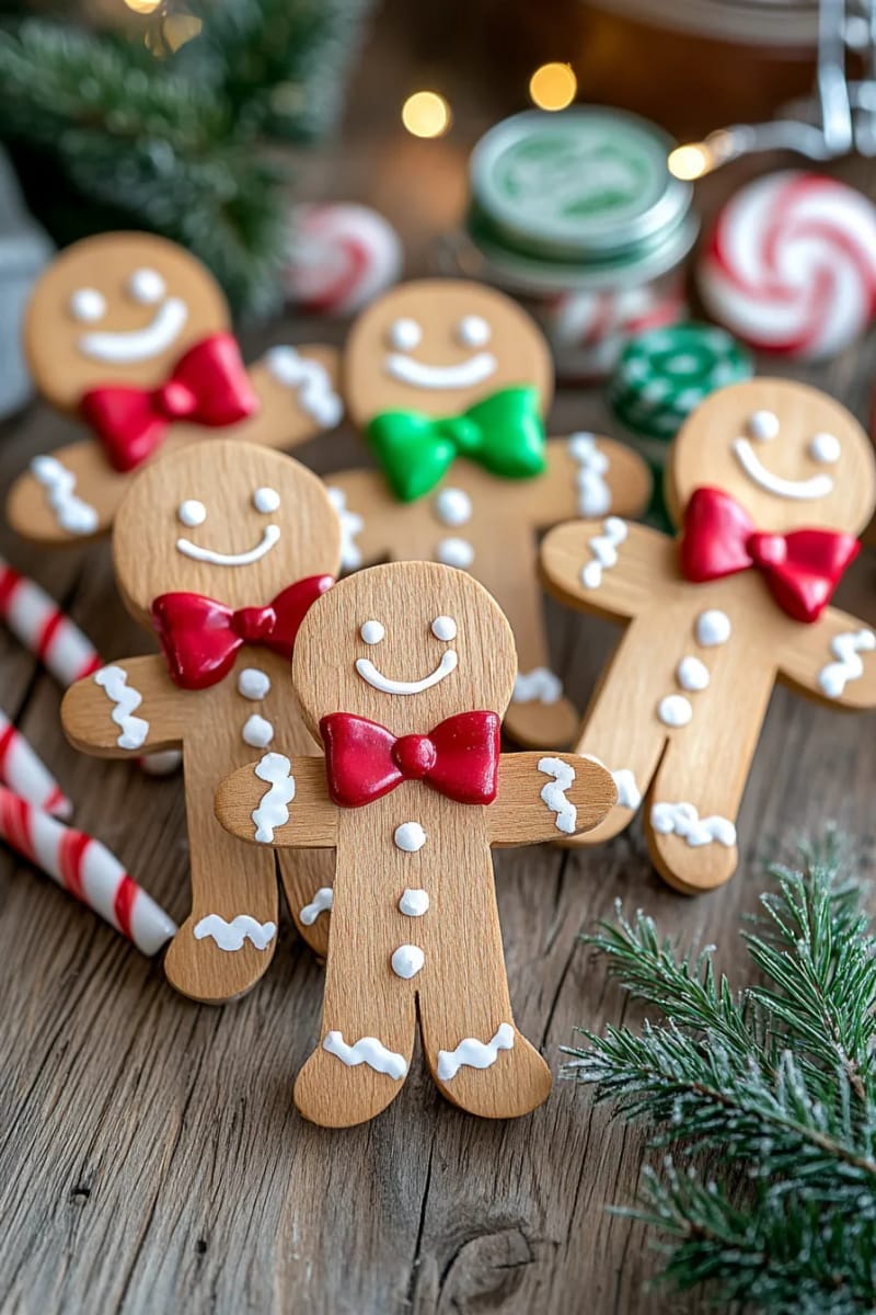 gingerbread man popsicle stick characters with smiling faces and tiny bows 1