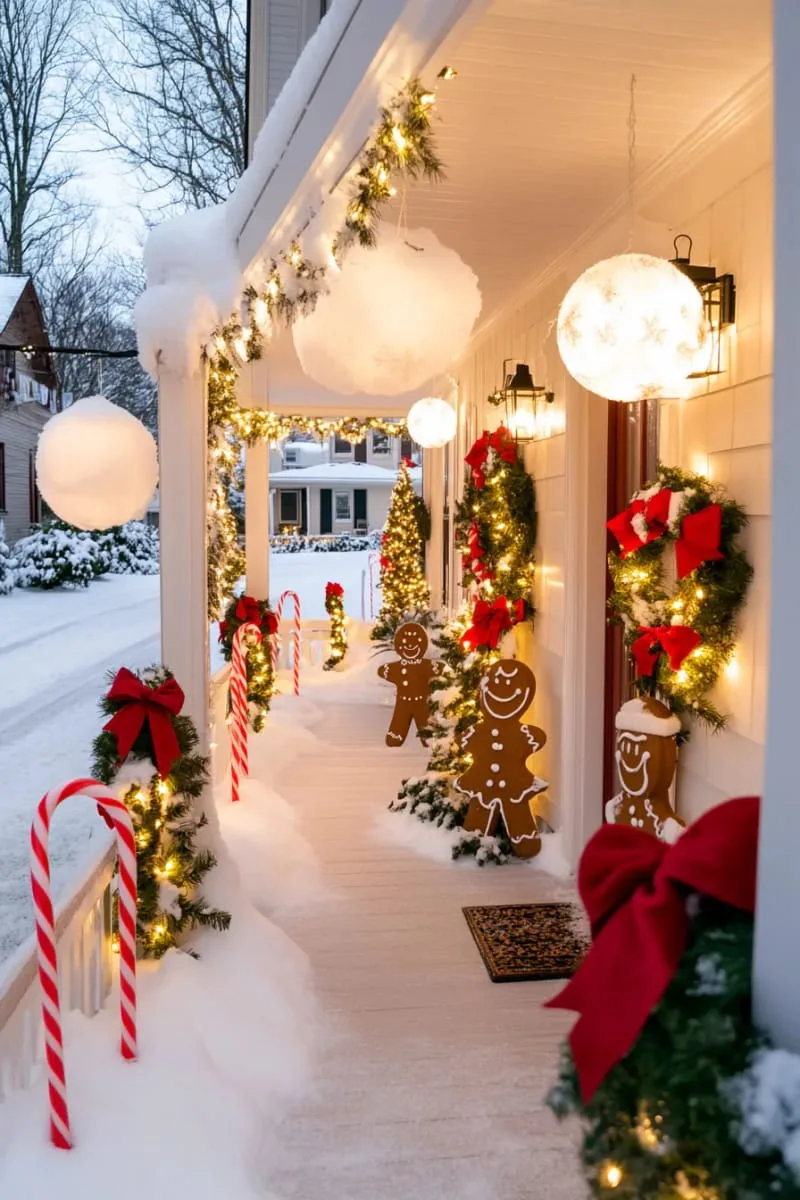 gingerbread men and candy cane stakes lining an outdoor snowy walkway 1