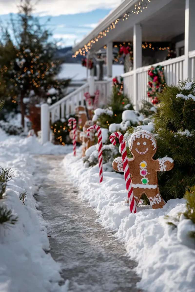 gingerbread men and candy cane stakes lining an outdoor snowy walkway 1