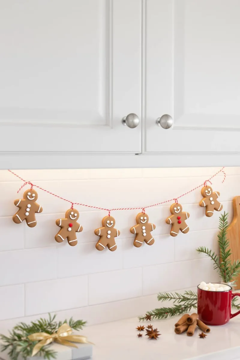 29 Creative Christmas Kitchen Decor Ideas You'll Absolutely Love 65 gingerbread men garland strung under upper cabinets 1
