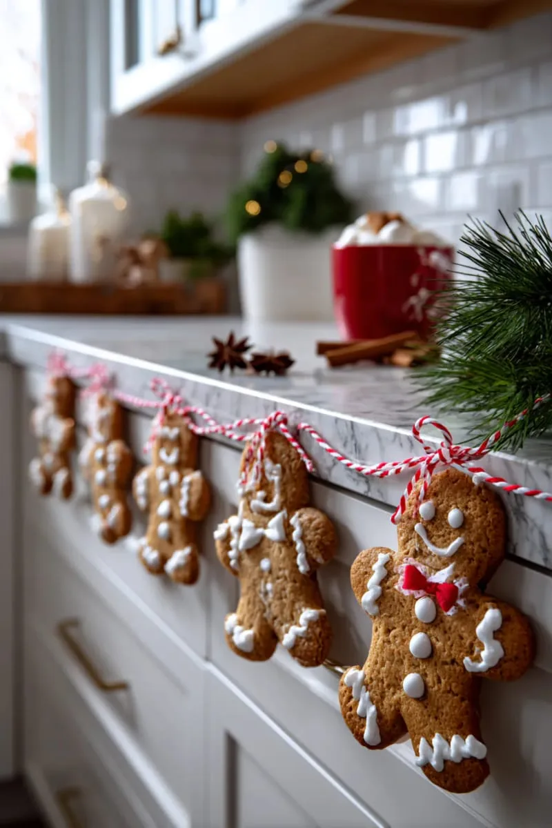 29 Creative Christmas Kitchen Decor Ideas You'll Absolutely Love 66 gingerbread men garland strung under upper cabinets 1
