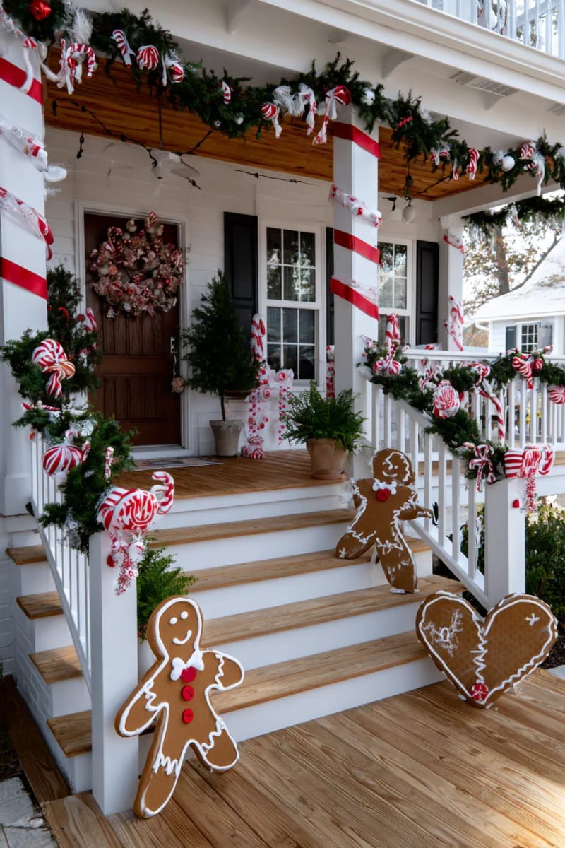 15 Christmas Decor Ideas for Front Porch DIY (Budget-Friendly & Beautiful) 30 gingerbread-themed porch with oversized cookie cutouts and candy accents 1