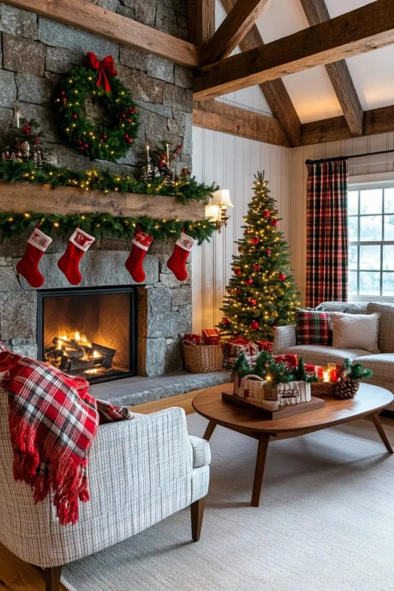 25 Traditional Christmas Decor Ideas with a Nostalgic Vintage Touch 37 gingham and plaid throw blankets draped over armchairs for warmth 1