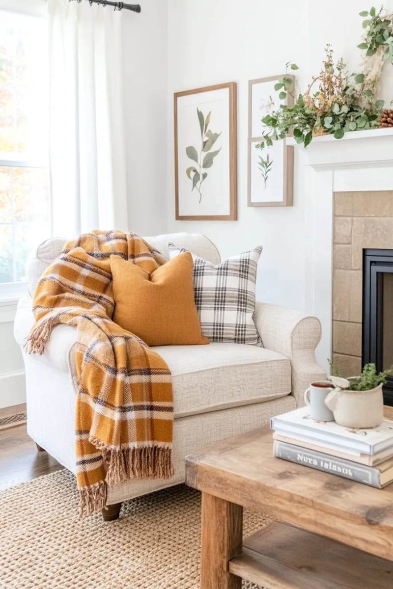 gingham and plaid throw blankets draped over armchairs for warmth 1