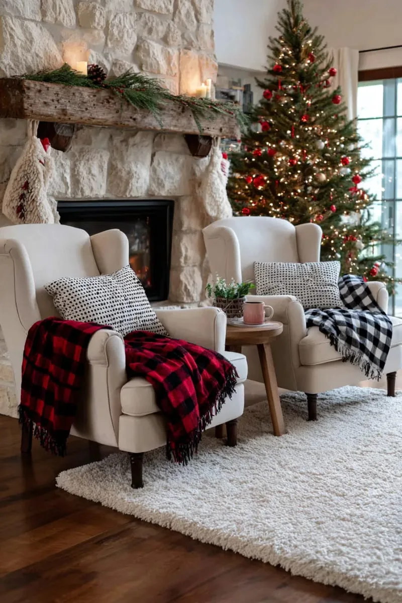25 Traditional Christmas Decor Ideas with a Nostalgic Vintage Touch 39 gingham and plaid throw blankets draped over armchairs for warmth 1