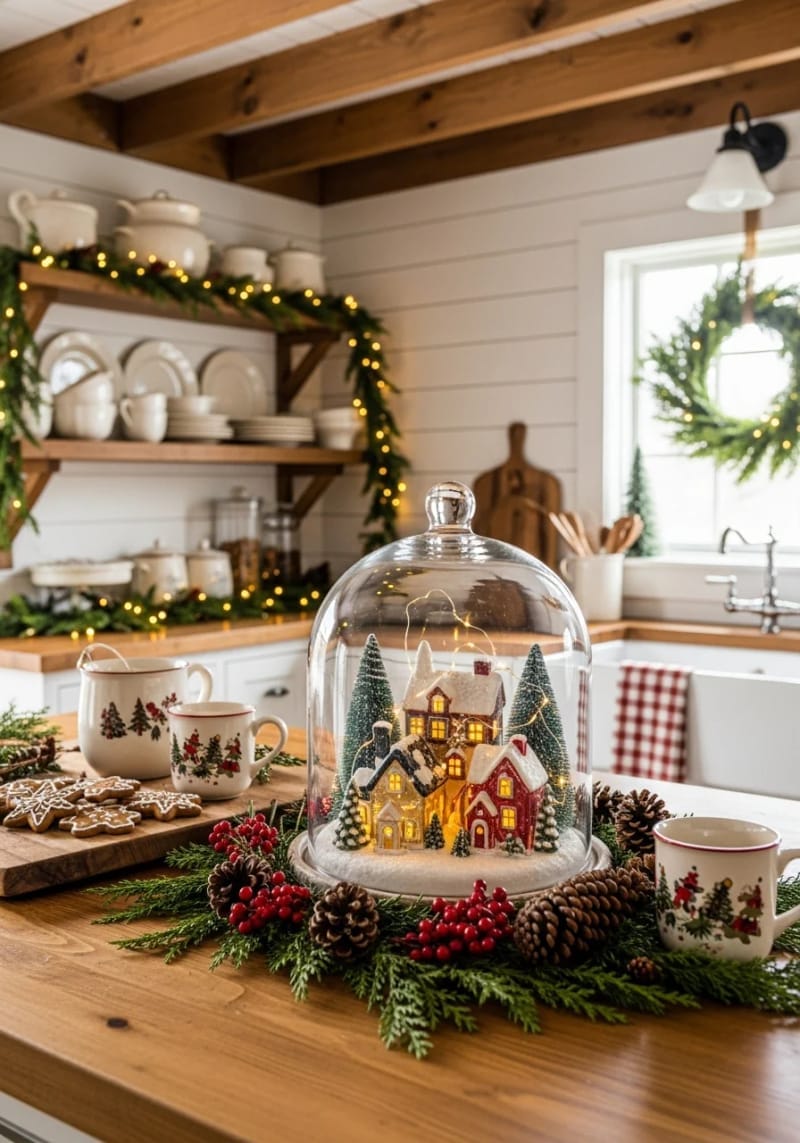 23 Christmas Countertop Decor Ideas Guests Can’t Stop Talking About 14 glass cloche covering a snowy ceramic village scene 1
