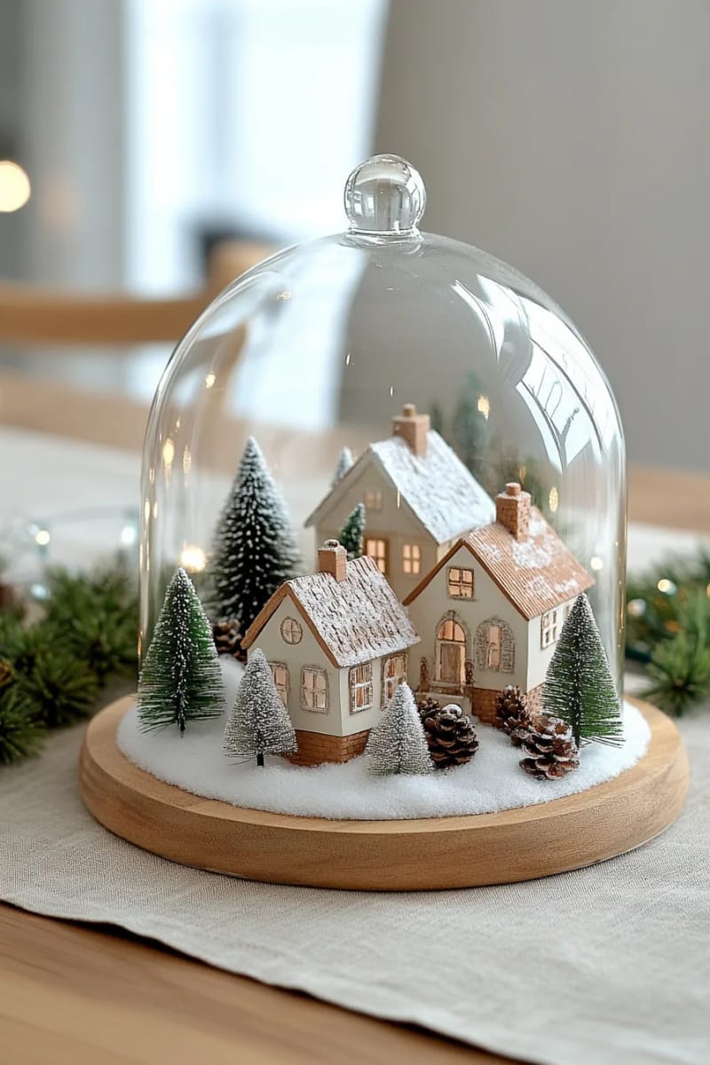 23 Christmas Countertop Decor Ideas Guests Can’t Stop Talking About 15 glass cloche covering a snowy ceramic village scene 1