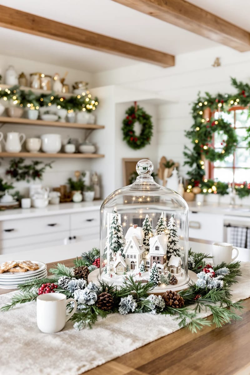 23 Christmas Countertop Decor Ideas Guests Can’t Stop Talking About 16 glass cloche covering a snowy ceramic village scene 1