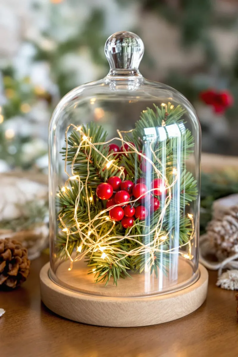 glass cloche display with pine branches, berries, and fairy lights 1