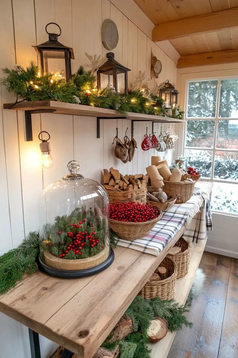 glass cloche display with pine branches, berries, and fairy lights 1