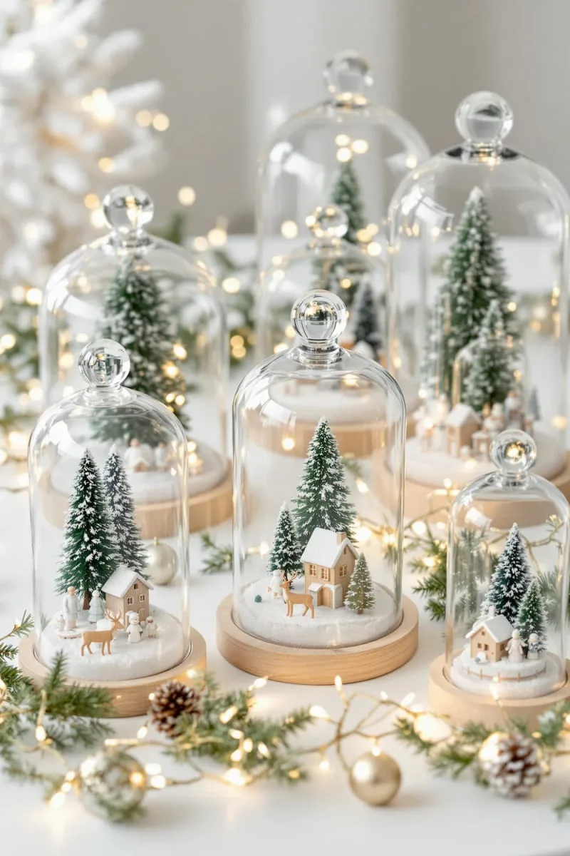 glass cloche domes displaying tiny snowy christmas scenes 1