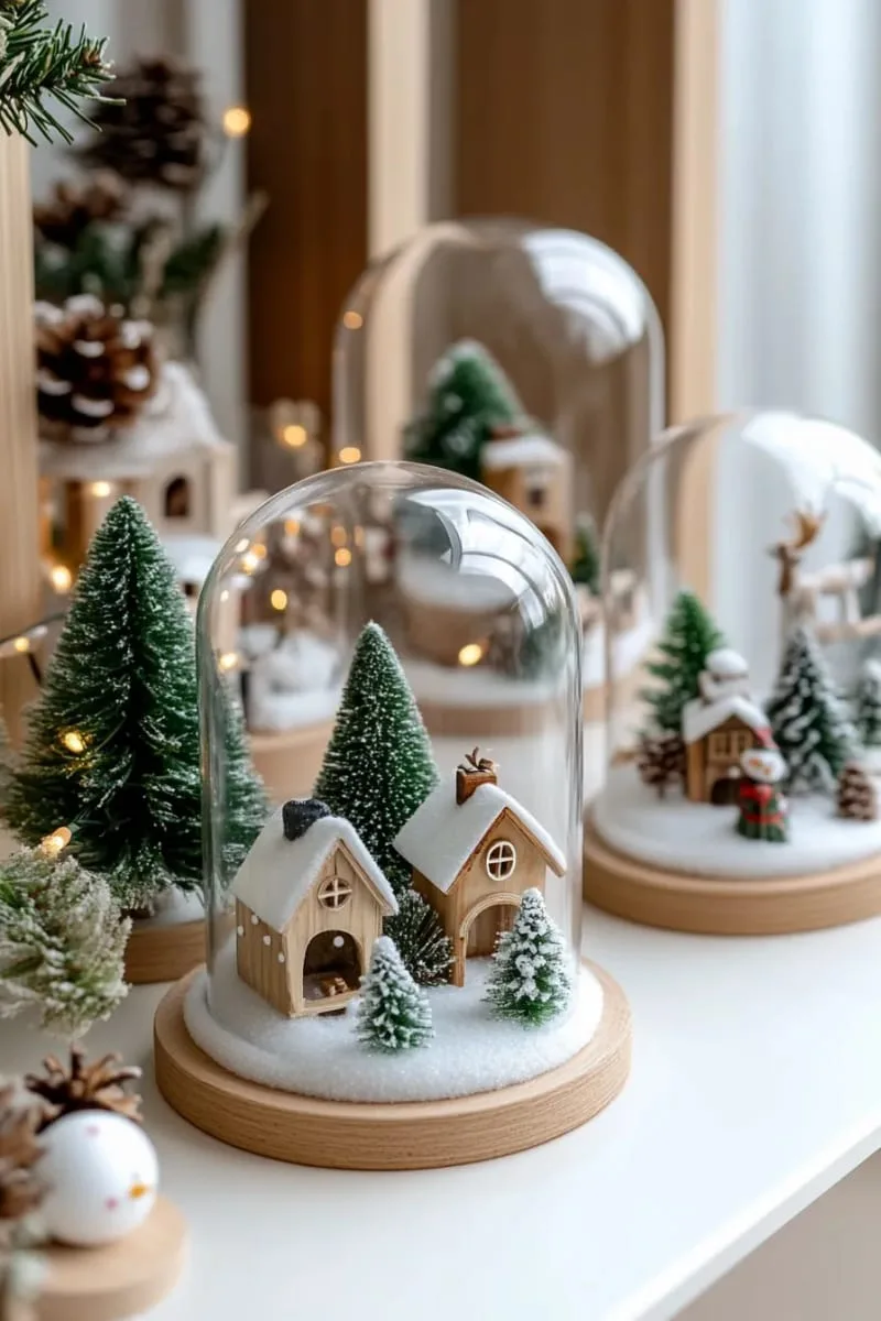 glass cloche domes displaying tiny snowy christmas scenes 1
