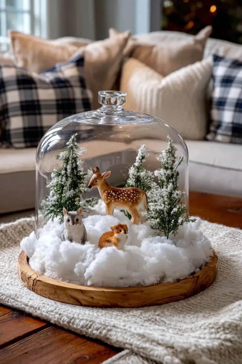 glass cloche with faux snow and woodland animal figurines 1