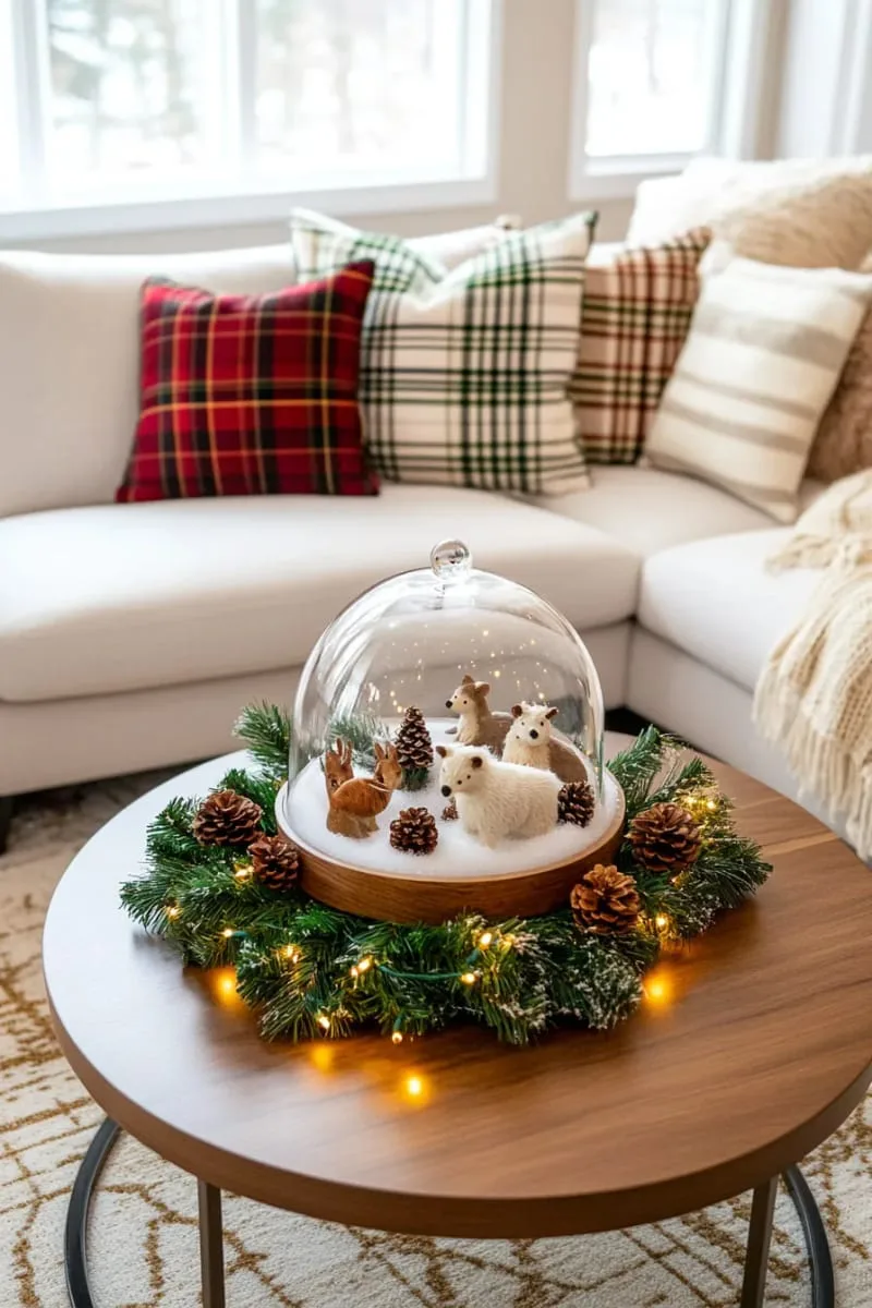 glass cloche with faux snow and woodland animal figurines 1