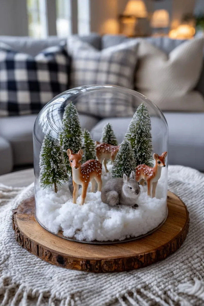 glass cloche with faux snow and woodland animal figurines 1