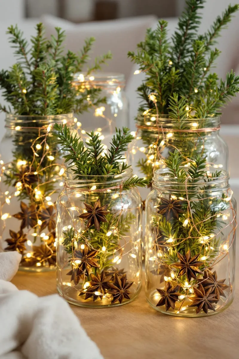 glass jars filled with fir sprigs, star anise, and twinkling fairy lights 1