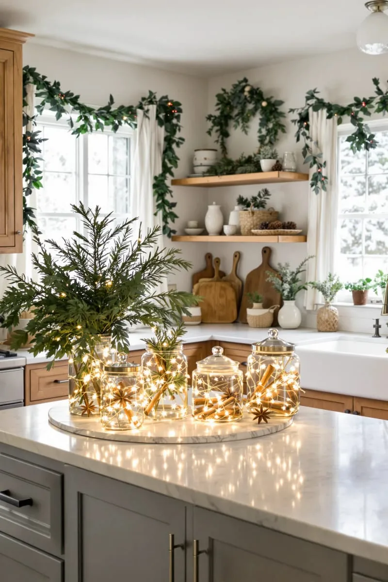 glass jars filled with fir sprigs, star anise, and twinkling fairy lights 1