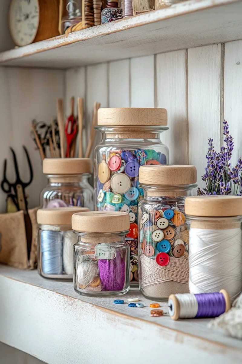 glass jars with wooden lids for button and notion storage 1
