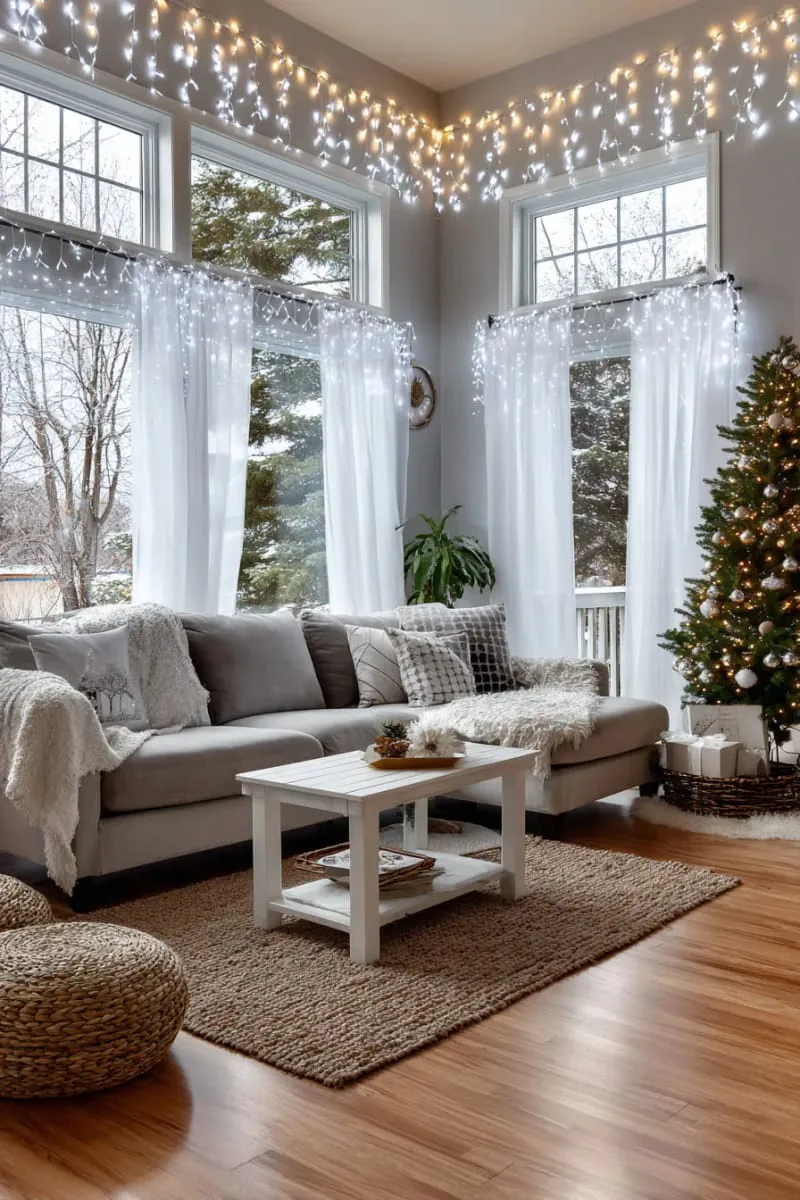 25 New Gorgeous White Christmas Decor Ideas That Wow 29 glimmering icicle string lights around windows and mirrors 1