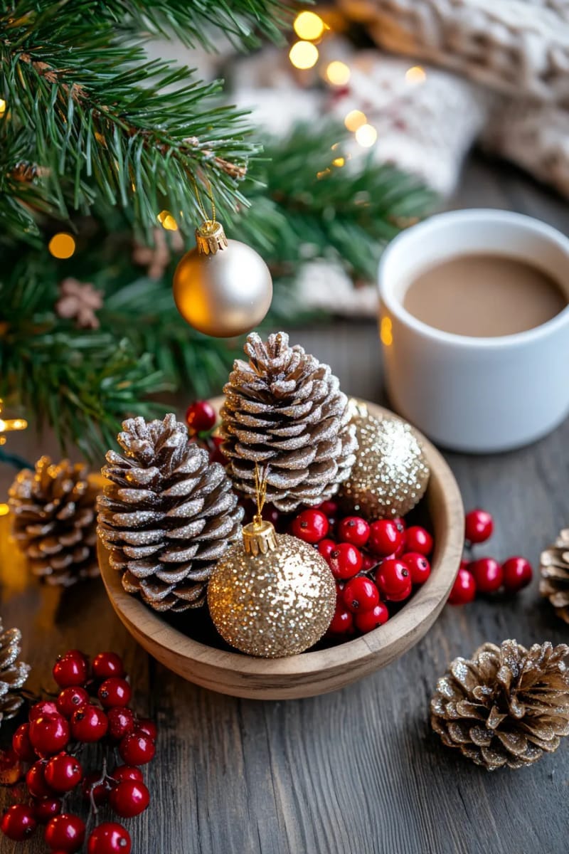 27 Unique Christmas Craft Decorations for Inspired Homes 88 glitter-dipped pinecone tree ornaments with jute string hangers 1